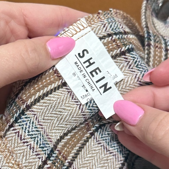 SHEIN Brown & plaid Short Jacket with bubble sleeves-thin quarter Roy/faux suede - Picture 6 of 8